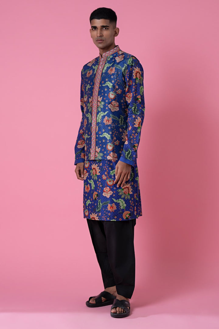 Monsoon Midnight Blue Wild Flower Embroidered Border Nehru Jacket-Mens Wear-Siddhartha Bansal