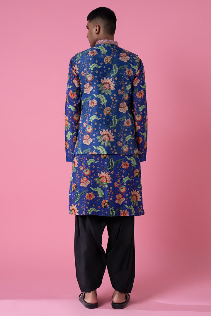 Monsoon Midnight Blue Wild Flower Embroidered Border Nehru Jacket-Mens Wear-Siddhartha Bansal