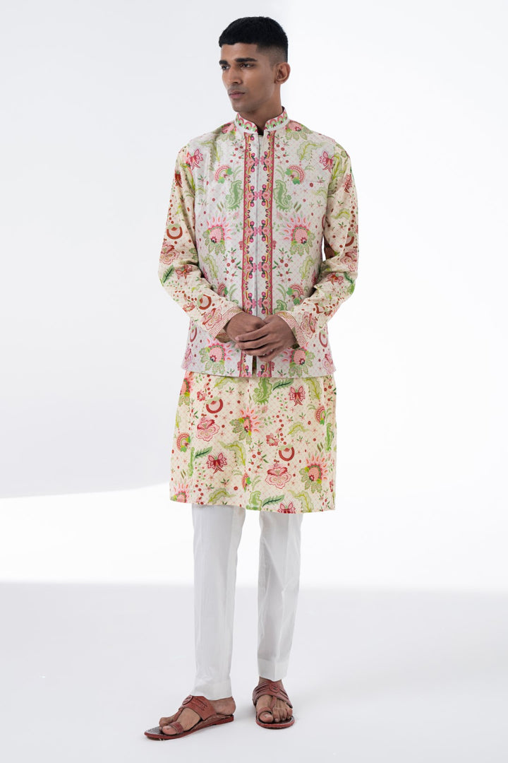 Coral Shell Ivory Wild Flower Sb Signature Print Embroidered Nehru Jacket-Mens Wear-Siddhartha Bansal