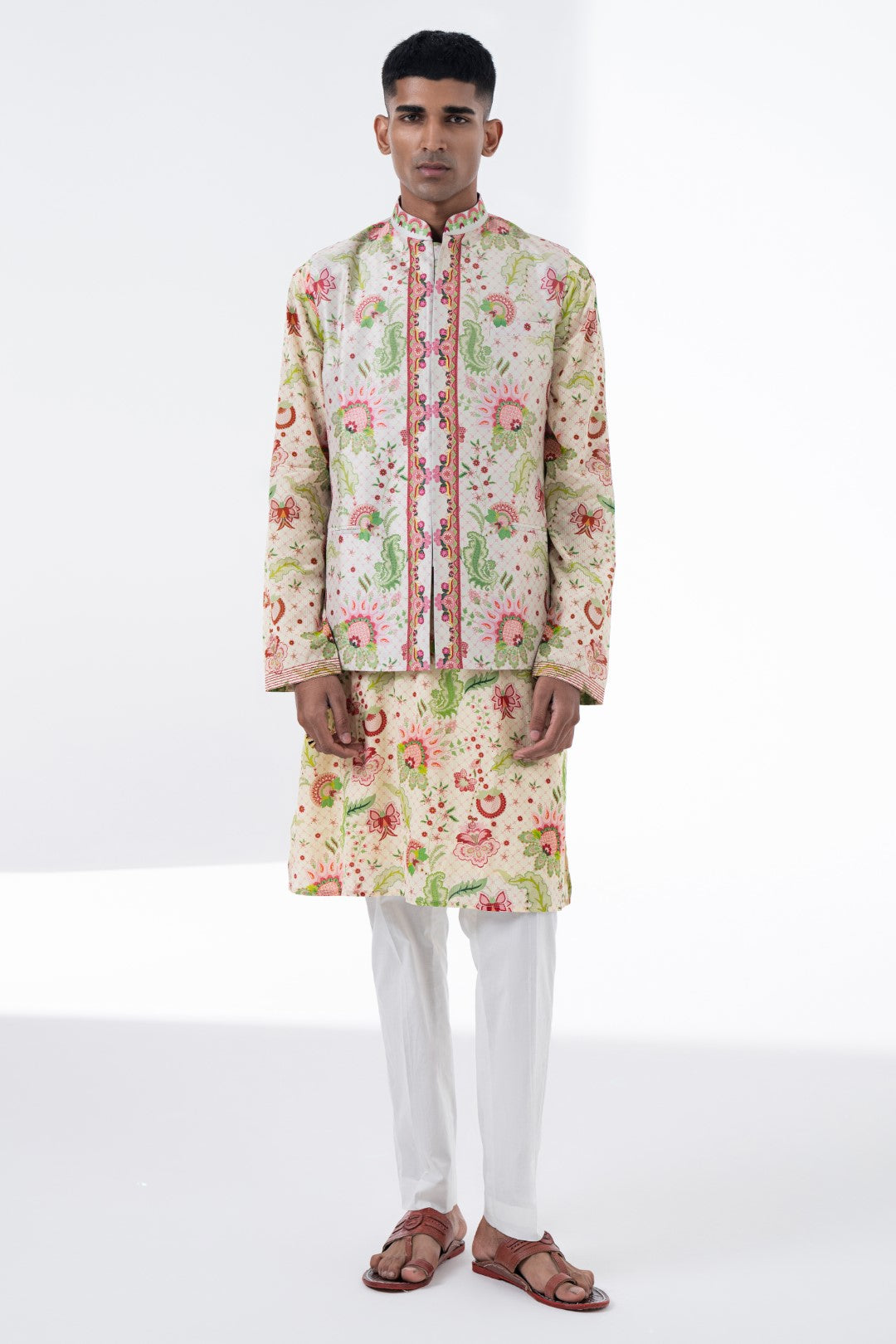 Coral Shell Ivory Wild Flower Sb Signature Print Embroidered Nehru Jacket-Mens Wear-Siddhartha Bansal