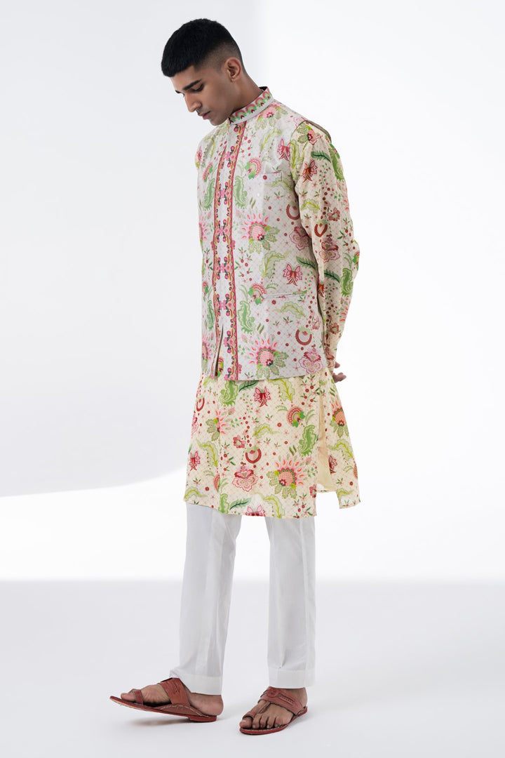 Coral Shell Ivory Wild Flower Sb Signature Print Embroidered Nehru Jacket-Mens Wear-Siddhartha Bansal