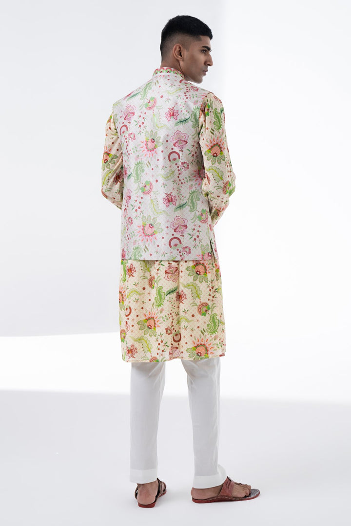 Coral Shell Ivory Wild Flower Sb Signature Print Embroidered Nehru Jacket-Mens Wear-Siddhartha Bansal