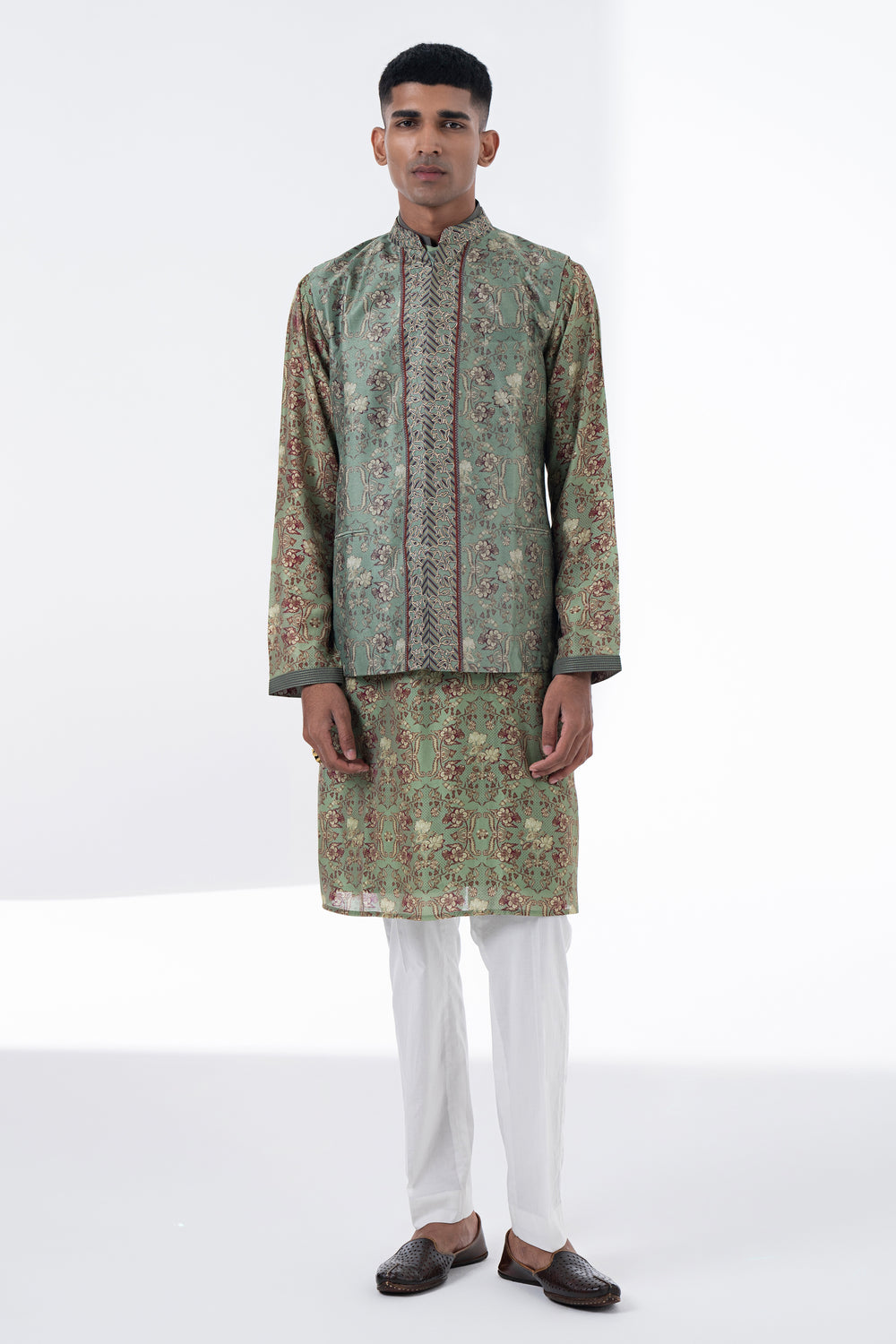 Olive Green Royal Chintz Embroidered Kurta Set-Siddhartha Bansal