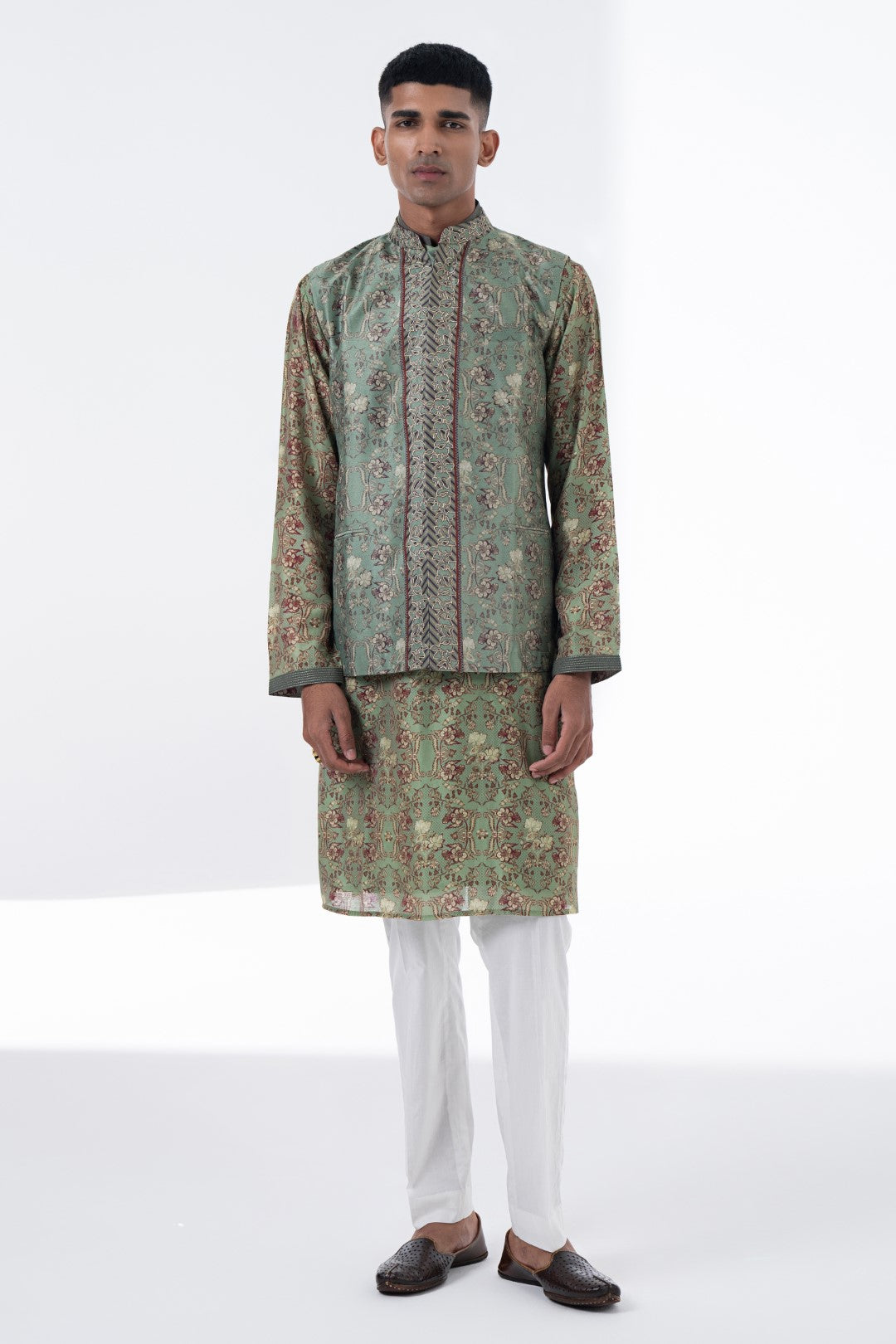 Olive Green Royal Chintz Embroidered Nehru Jacket-Mens Wear-Siddhartha Bansal