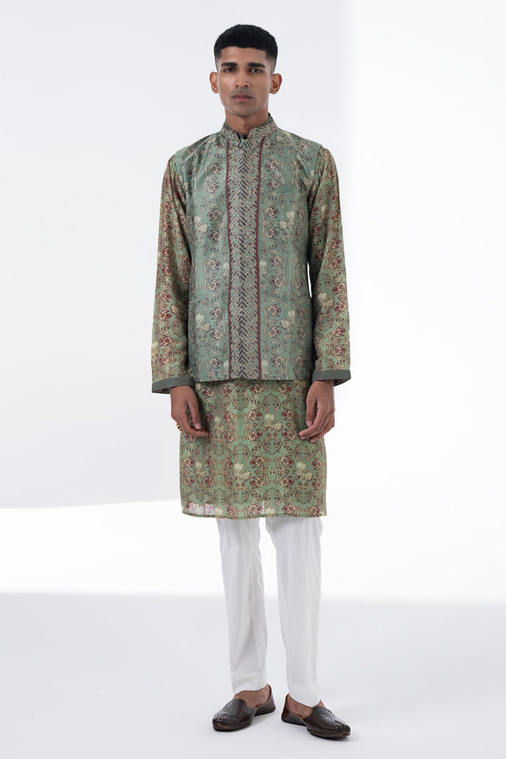 Olive Green Royal Chintz Embroidered Nehru Jacket-Mens Wear-Siddhartha Bansal