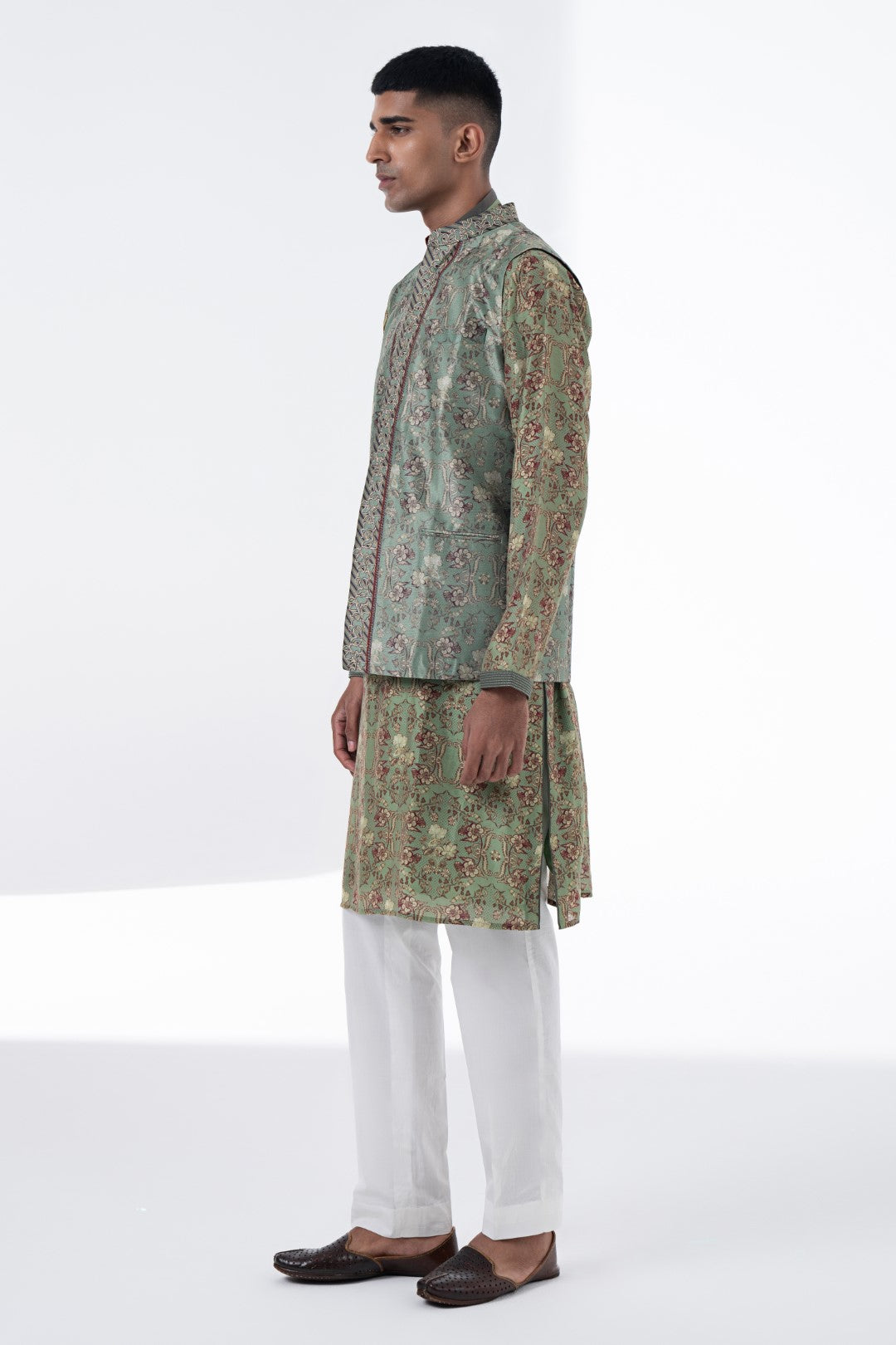 Olive Green Royal Chintz Embroidered Nehru Jacket-Mens Wear-Siddhartha Bansal