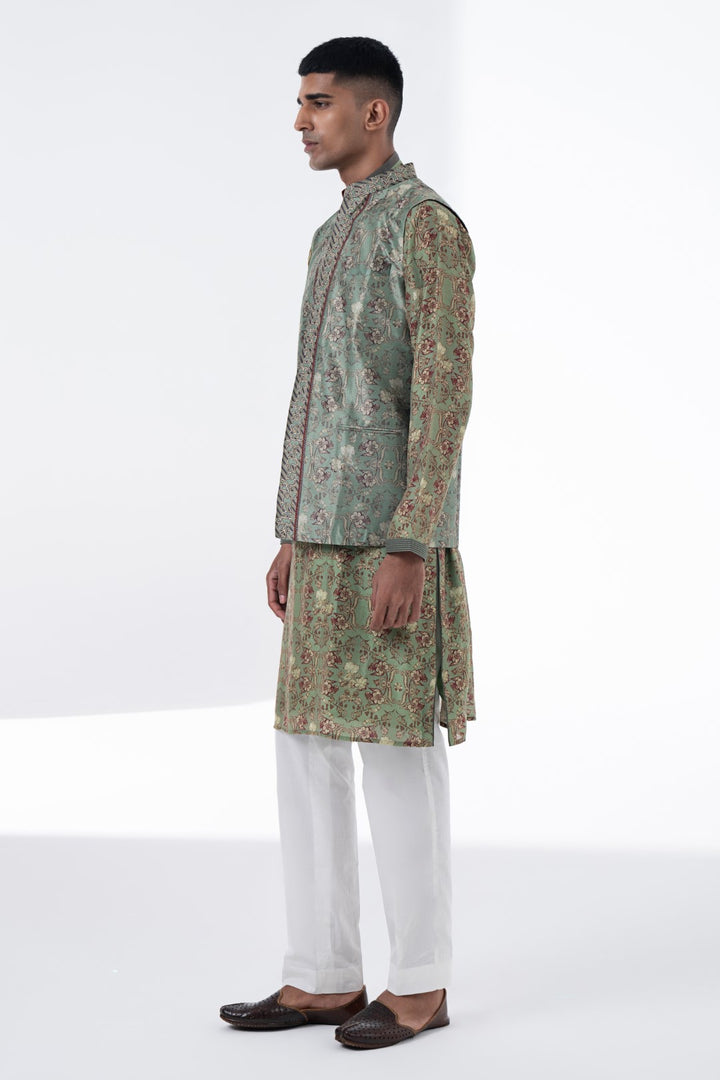 Olive Green Royal Chintz Embroidered Nehru Jacket-Mens Wear-Siddhartha Bansal