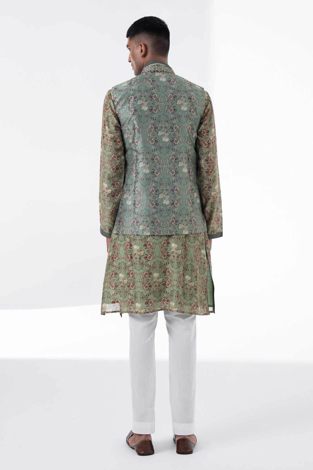 Olive Green Royal Chintz Embroidered Nehru Jacket-Mens Wear-Siddhartha Bansal