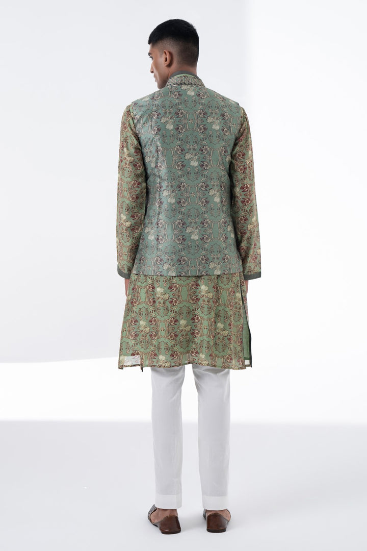 Olive Green Royal Chintz Embroidered Nehru Jacket-Mens Wear-Siddhartha Bansal