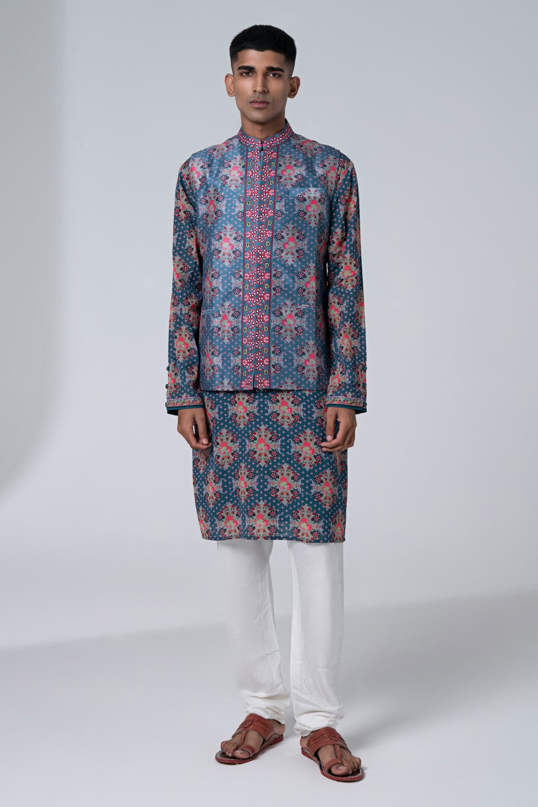 Mulberry Grey Royal Paisely Embroidered Nehru Jacket