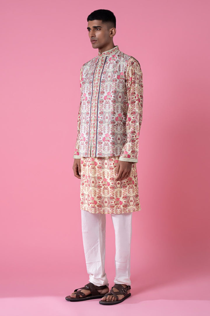 Jasmine Wisp Ivory Royal Chintz Embroidered Nehru Jacket-Mens Wear-Siddhartha Bansal