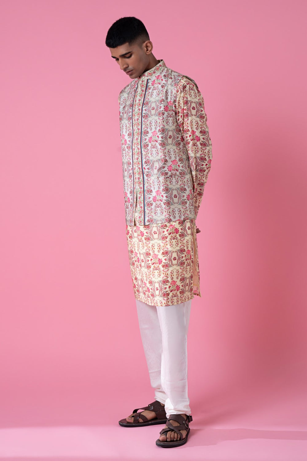 Jasmine Wisp Ivory Royal Chintz Embroidered Nehru Jacket-Mens Wear-Siddhartha Bansal