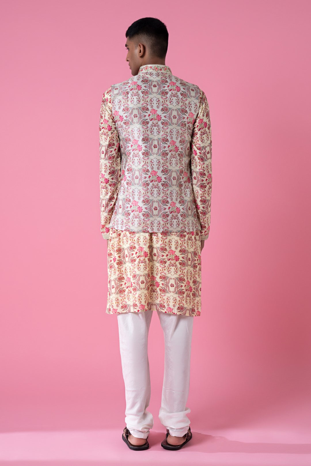 Jasmine Wisp Ivory Royal Chintz Embroidered Nehru Jacket-Mens Wear-Siddhartha Bansal