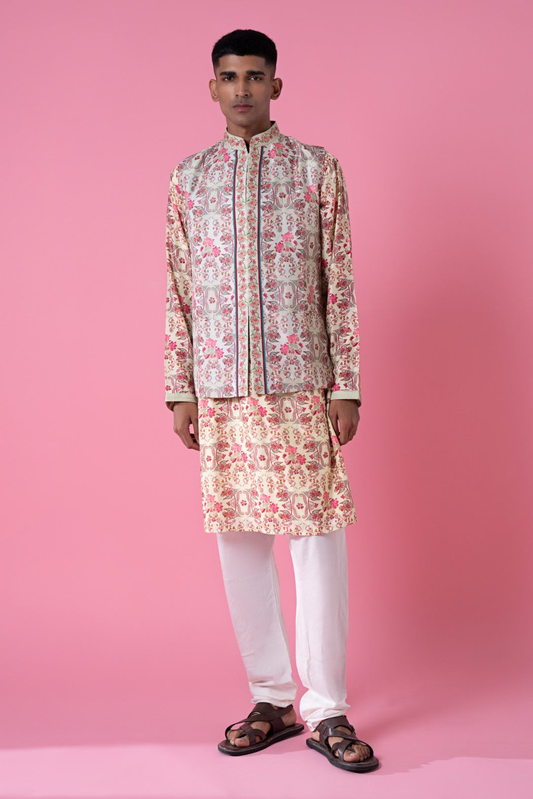 Jasmine Wisp Ivory Royal Chintz Embroidered Nehru Jacket-Mens Wear-Siddhartha Bansal