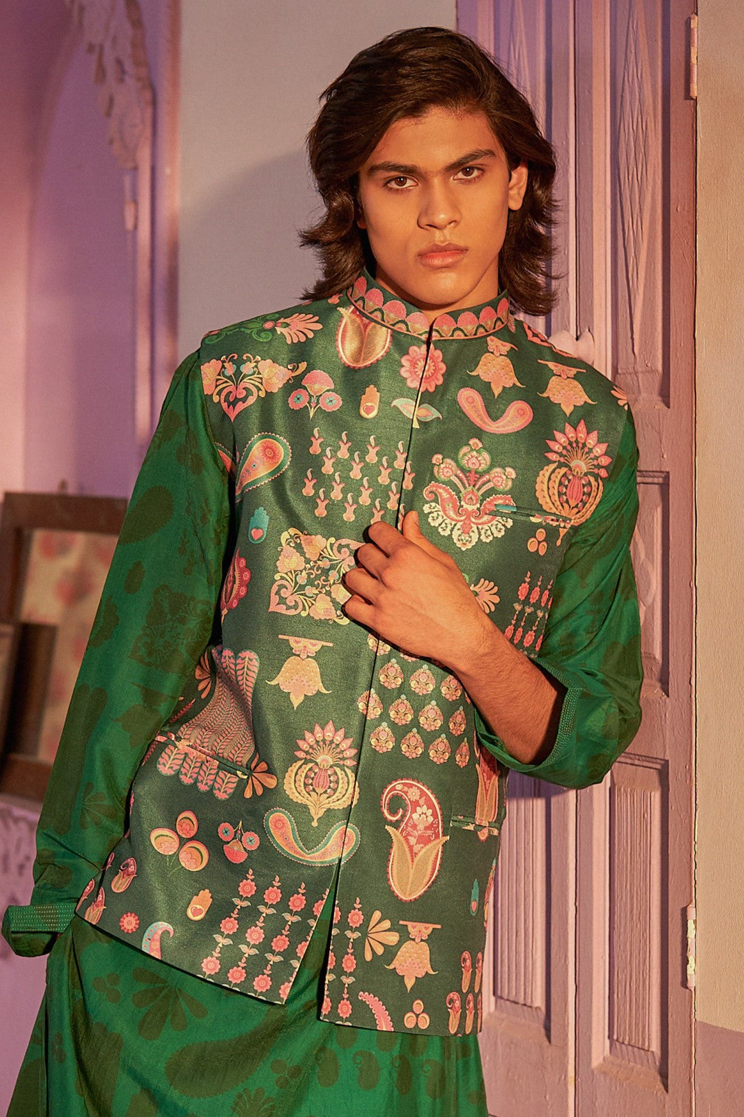 Emerald Sea Signature Hamsa Print Nehru Jacket-Mens Wear-Siddhartha Bansal