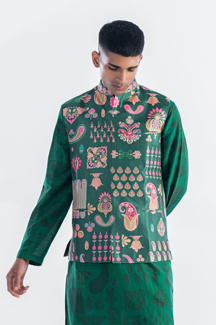 Emerald Sea Signature Hamsa Print Nehru Jacket-Mens Wear-Siddhartha Bansal