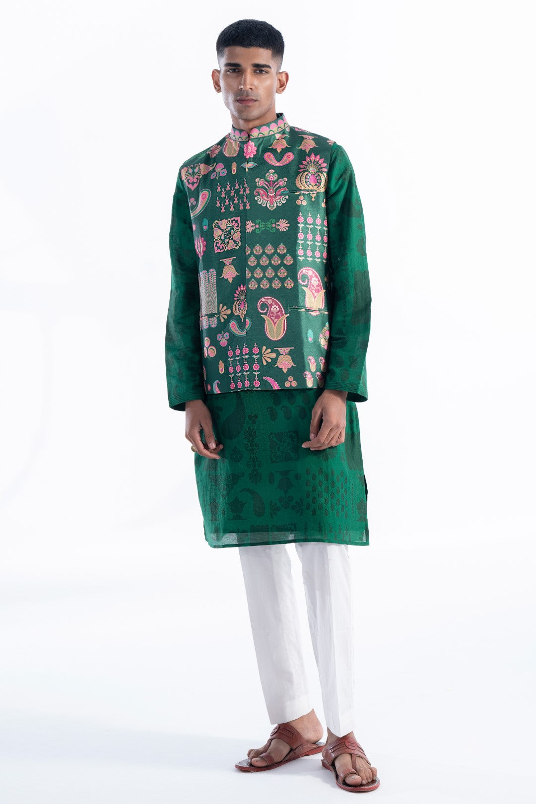 Emerald Sea Signature Hamsa Print Nehru Jacket-Mens Wear-Siddhartha Bansal