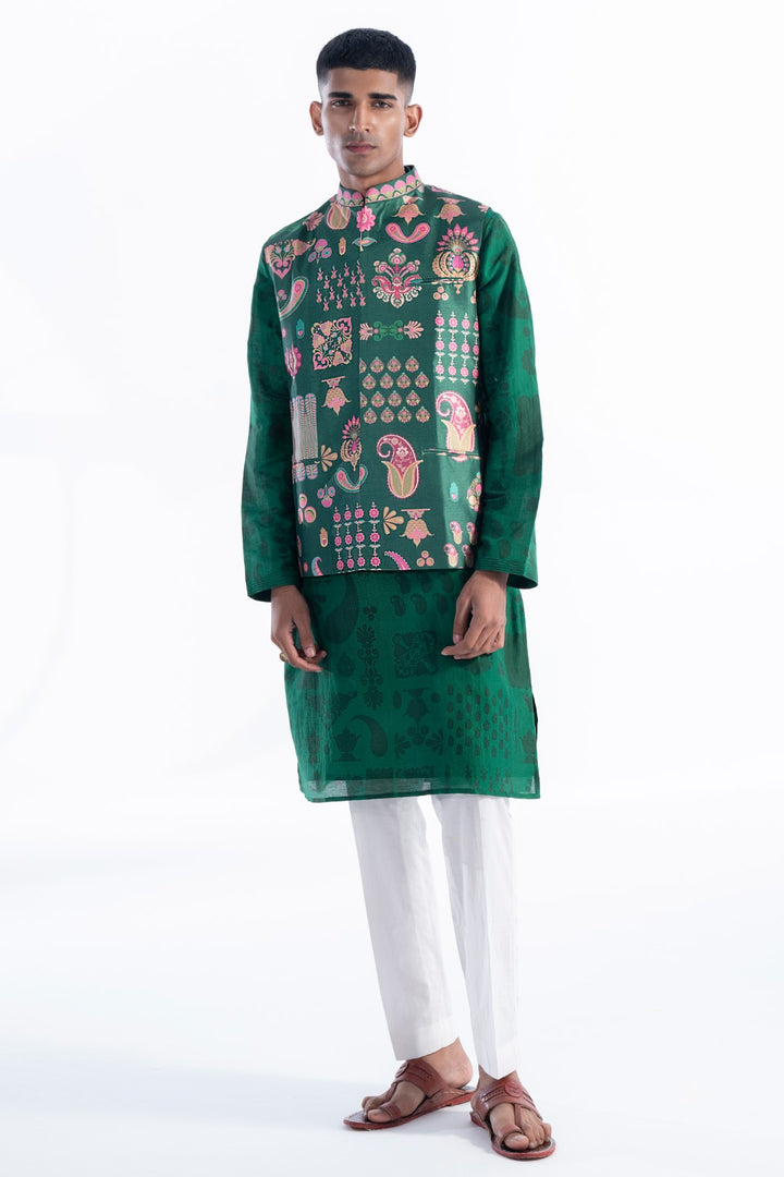 Emerald Sea Signature Hamsa Print Nehru Jacket-Mens Wear-Siddhartha Bansal