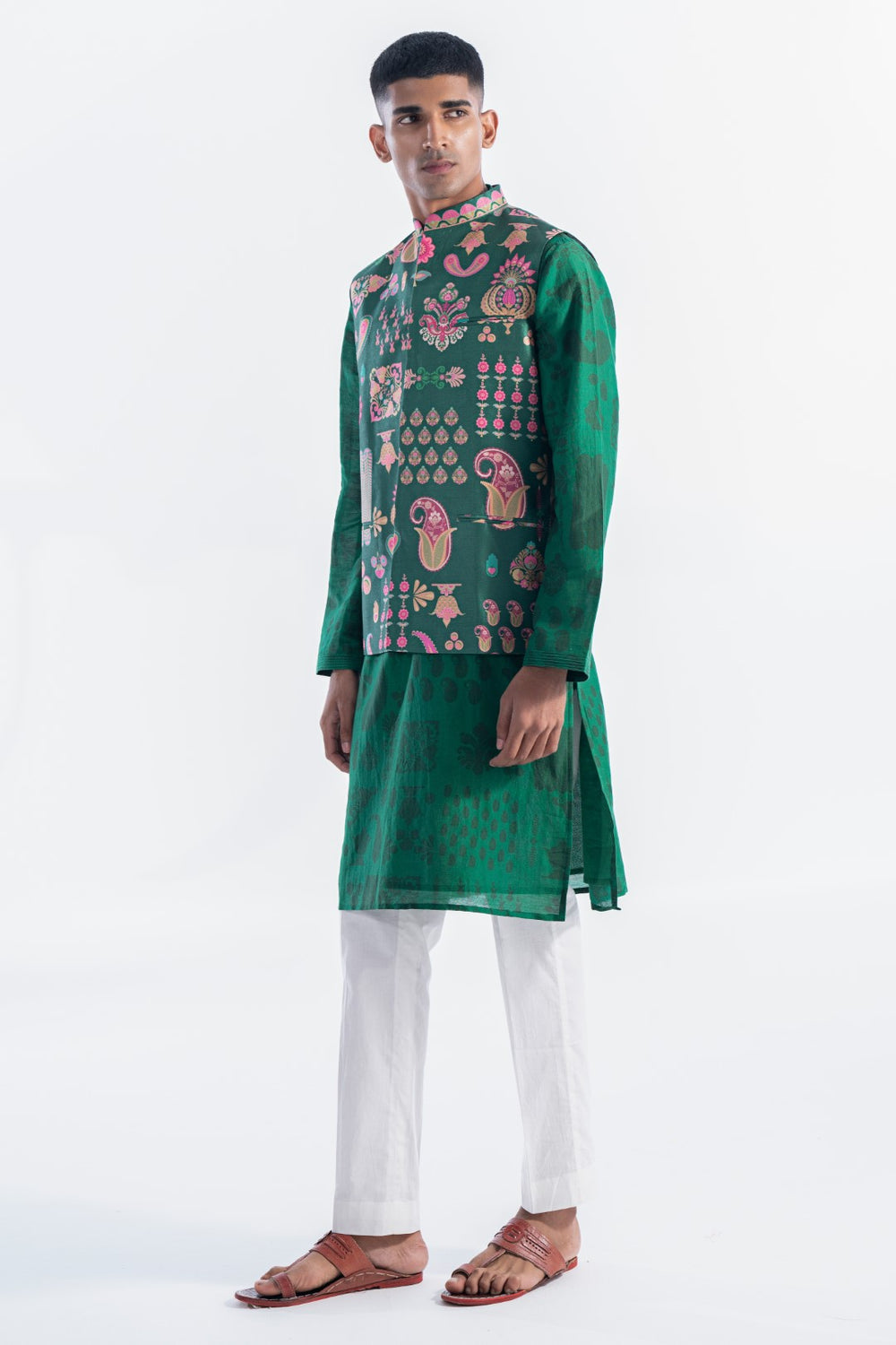 Emerald Sea Signature Hamsa Print Nehru Jacket-Mens Wear-Siddhartha Bansal