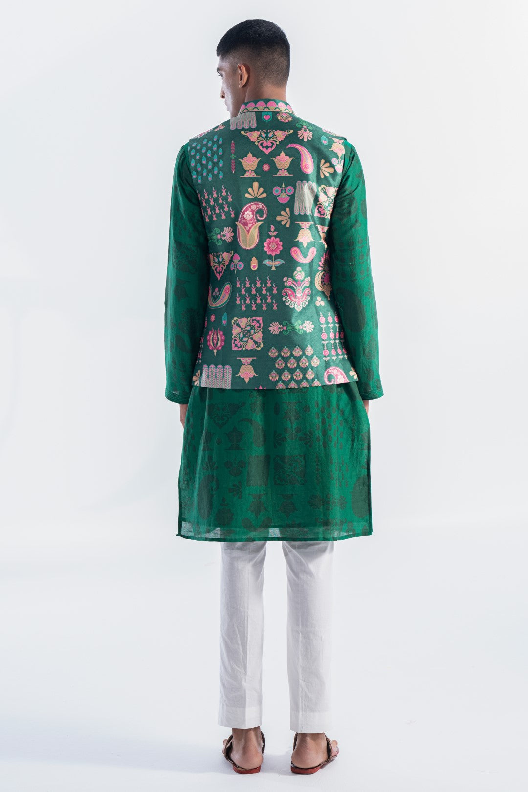 Emerald Sea Signature Hamsa Print Nehru Jacket-Mens Wear-Siddhartha Bansal
