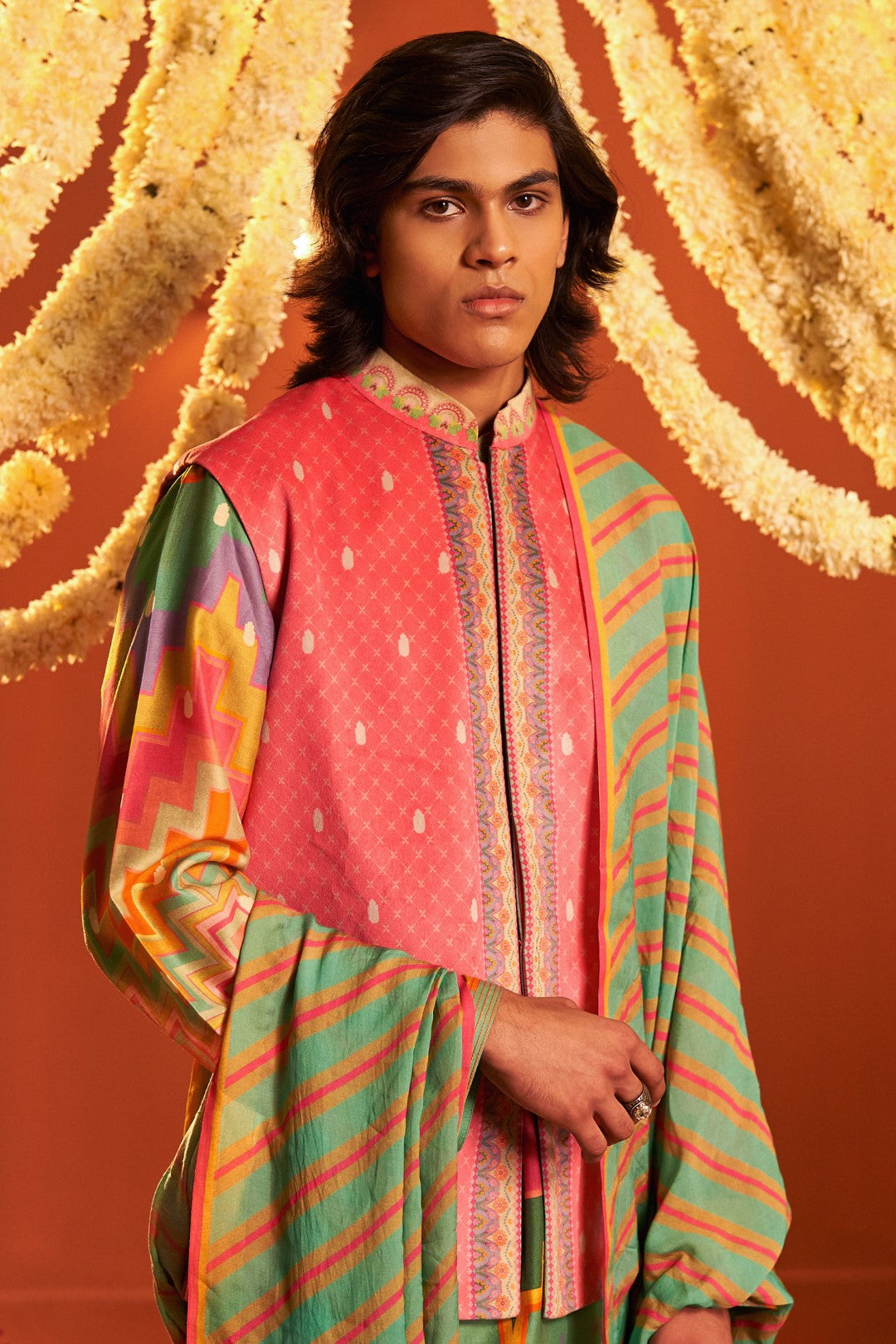 Fresh Pink Self Hamsa Pattern With Printed Border Nehru Jacket-Mens Wear-Siddhartha Bansal
