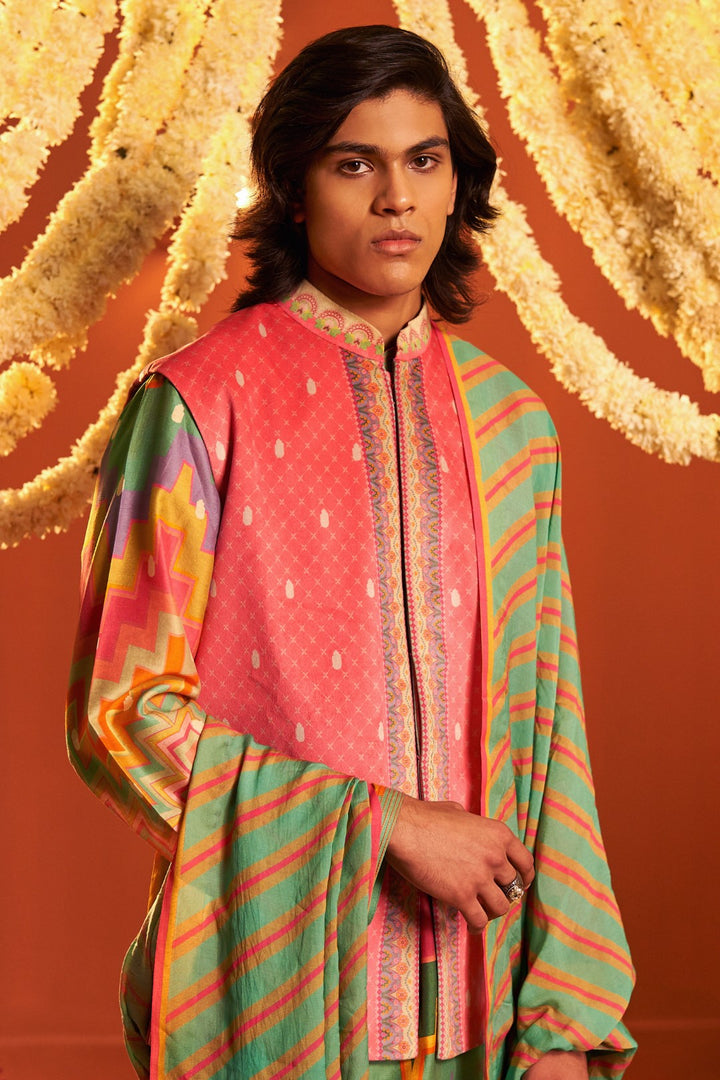 Fresh Pink Self Hamsa Pattern With Printed Border Nehru Jacket-Mens Wear-Siddhartha Bansal