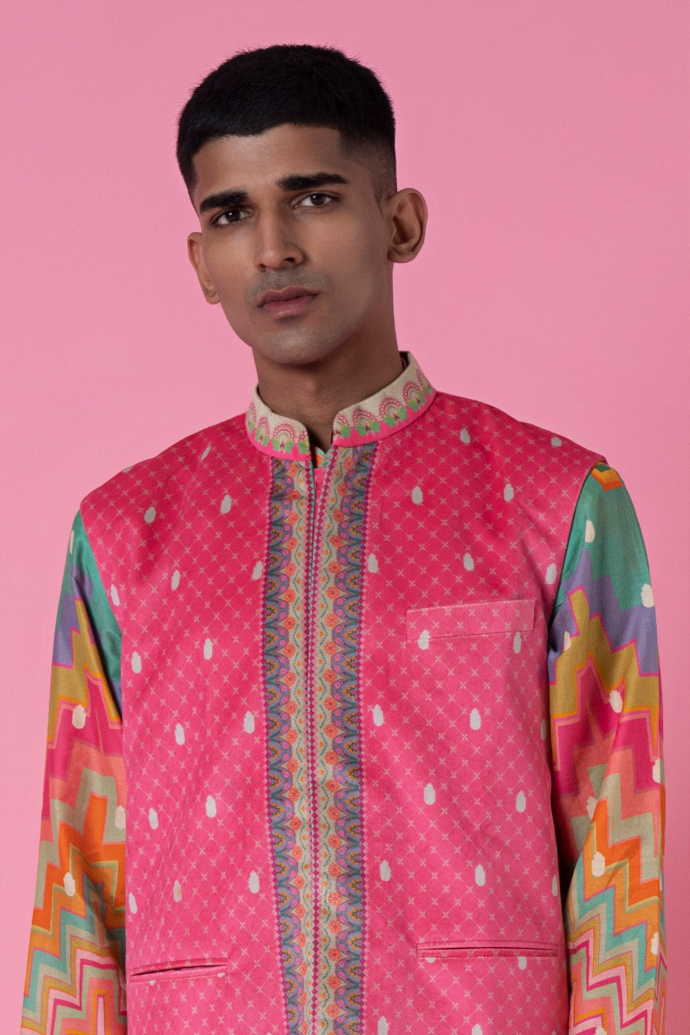 Fresh Pink Self Hamsa Pattern With Printed Border Nehru Jacket-Mens Wear-Siddhartha Bansal
