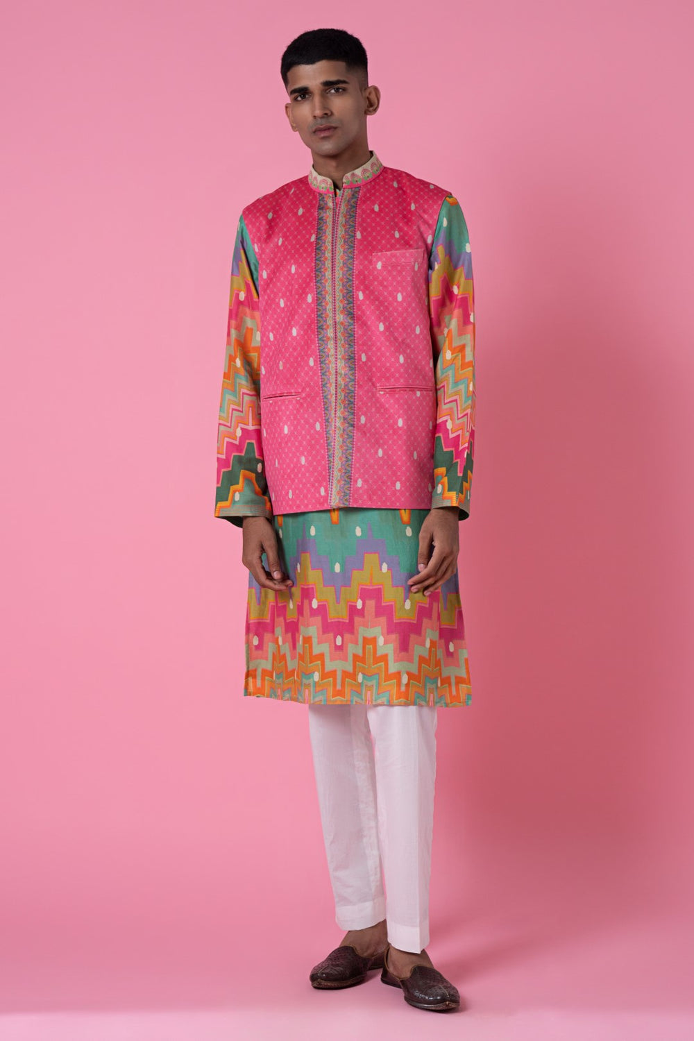 Fresh Pink Self Hamsa Pattern With Printed Border Nehru Jacket-Mens Wear-Siddhartha Bansal