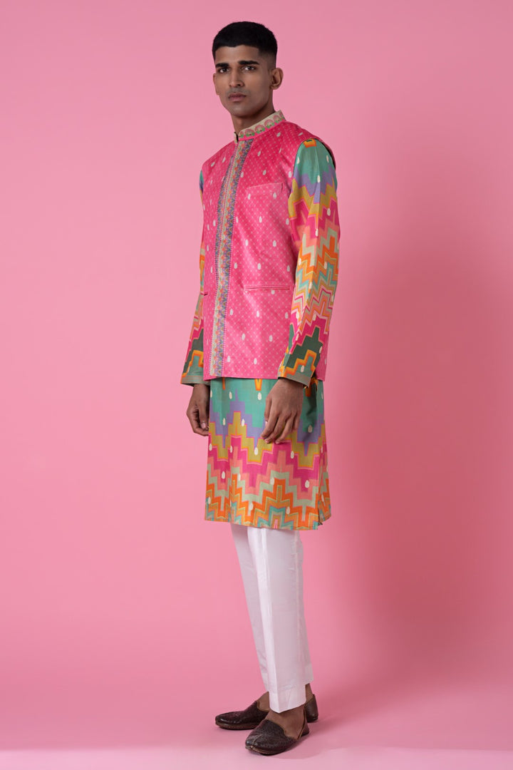 Fresh Pink Self Hamsa Pattern With Printed Border Nehru Jacket-Mens Wear-Siddhartha Bansal