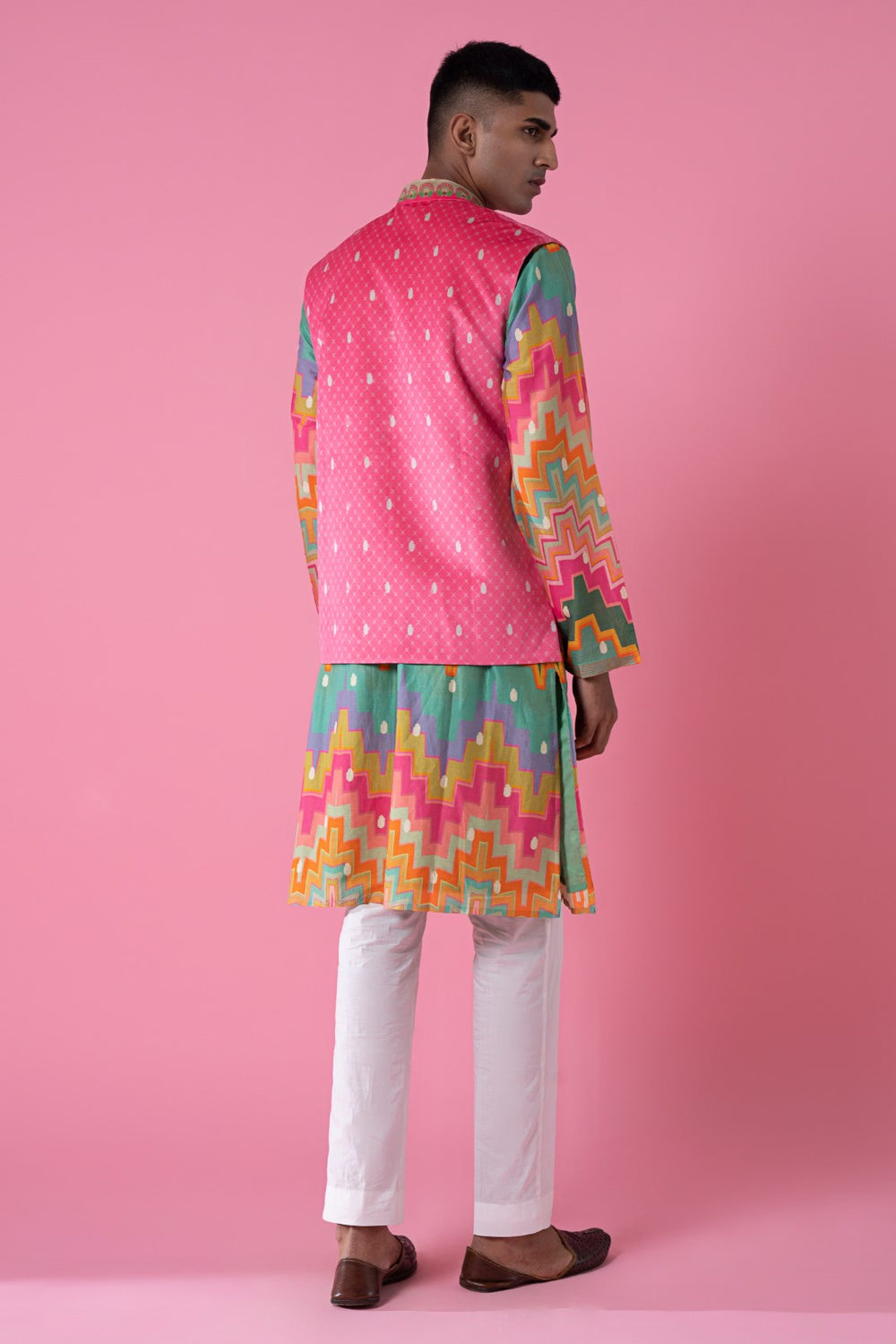 Fresh Pink Self Hamsa Pattern With Printed Border Nehru Jacket-Mens Wear-Siddhartha Bansal