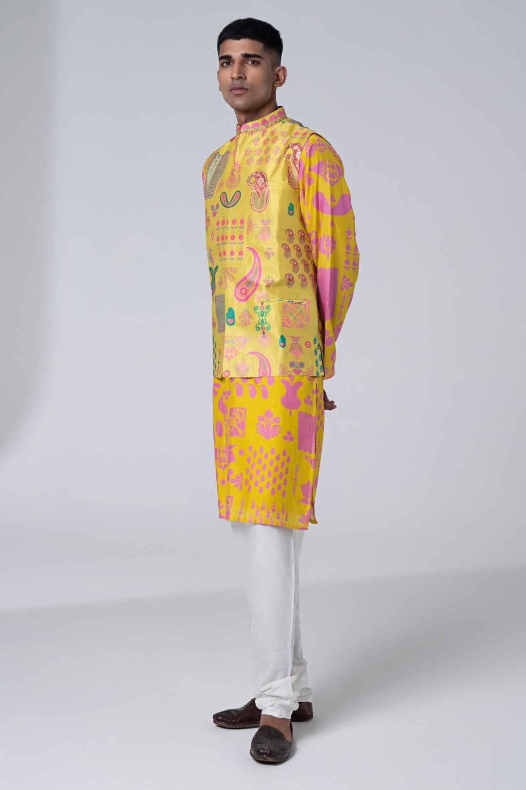 Lemonade Yellow Signature Hamsa Print Nehru Jacket-Mens Wear-Siddhartha Bansal