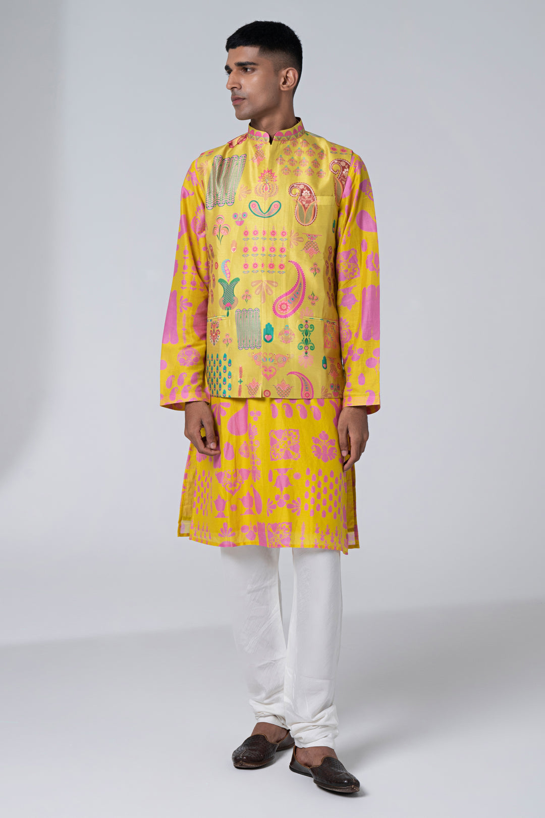 Lemonade Yellow Signature Hamsa Print Kurta Set-Siddhartha Bansal