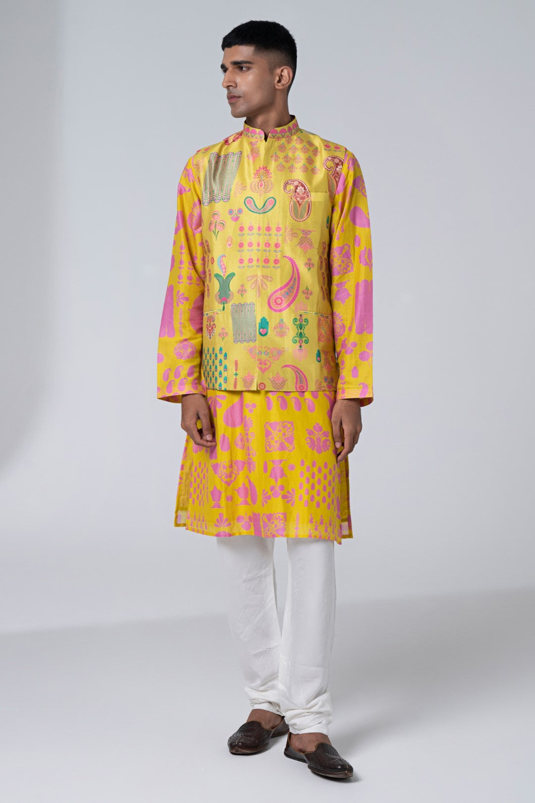 Lemonade Yellow Signature Hamsa Print Nehru Jacket-Mens Wear-Siddhartha Bansal