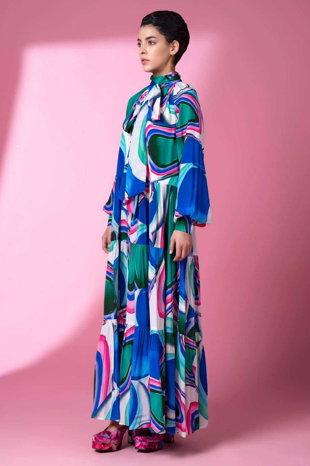 Blue Murano Glass Art Flowy Tiered Dress-Siddhartha Bansal