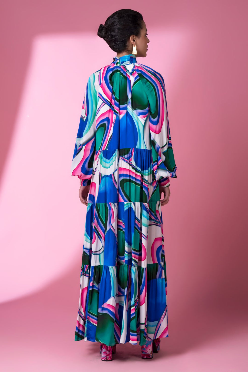 Blue Murano Glass Art Flowy Tiered Dress-Siddhartha Bansal