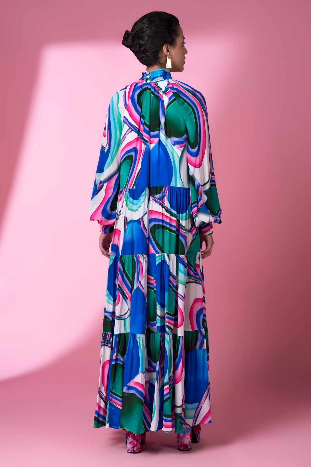 Blue Murano Glass Art Flowy Tiered Dress-Siddhartha Bansal