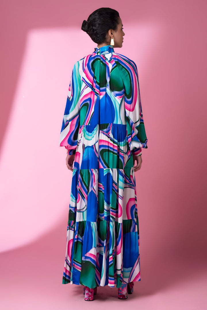 Blue Murano Glass Art Flowy Tiered Dress-Siddhartha Bansal