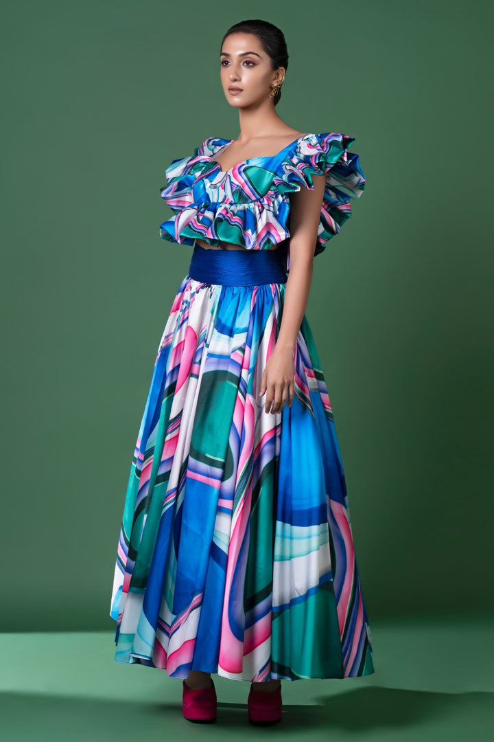 Blue Murano Glass Art Skirt Set-Siddhartha Bansal
