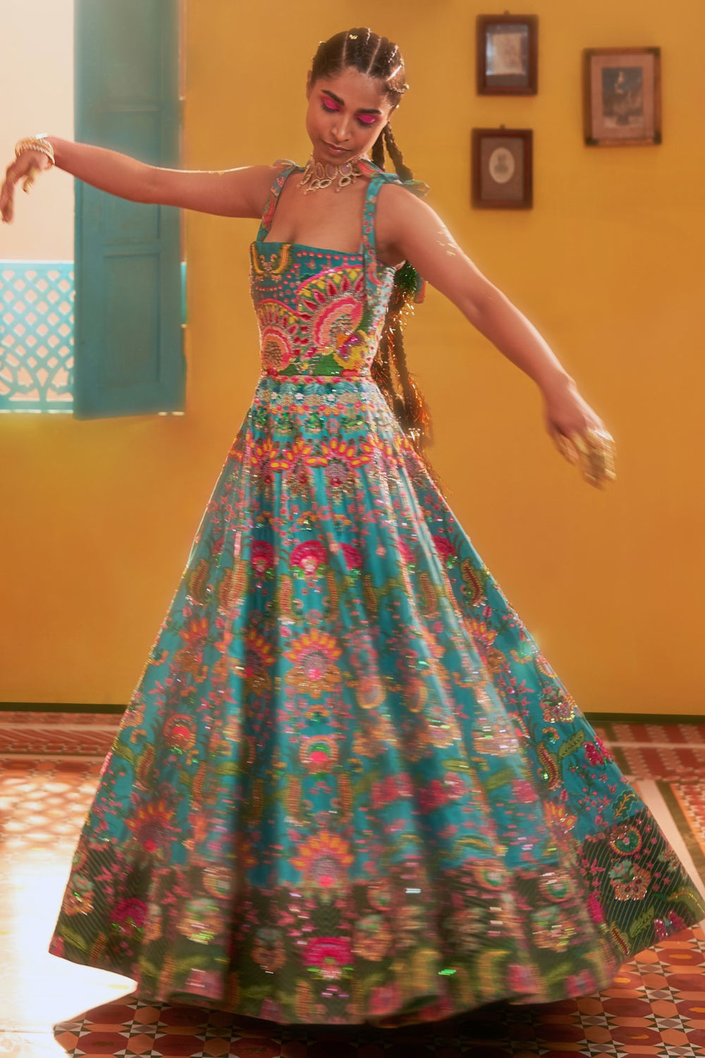 Hawaiian Teal Embroidered Corseted Gown-Siddhartha Bansal