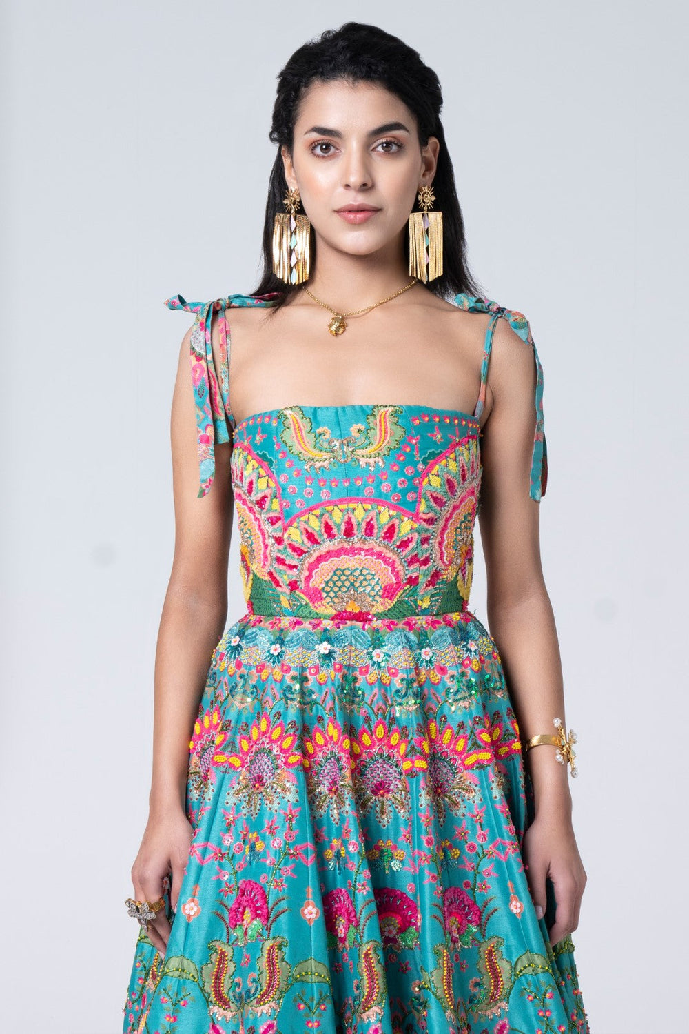 Sonam Bajwa In Hawaiian Teal Embroidered Corseted Gown-Siddhartha Bansal