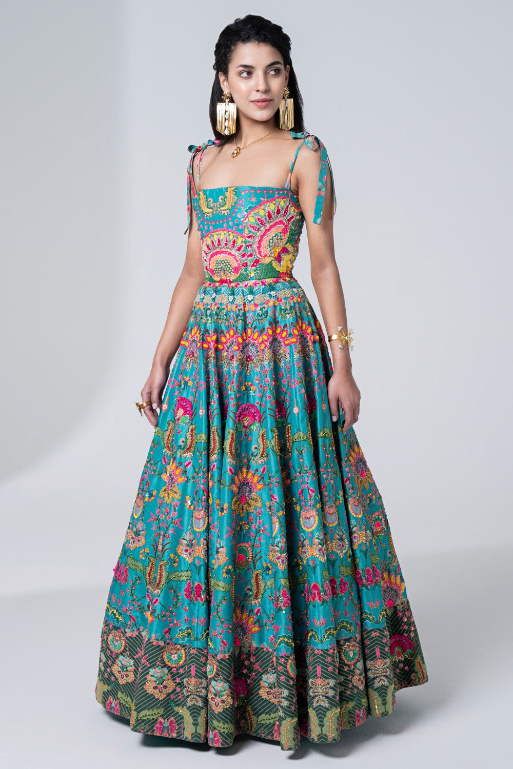 Sonam Bajwa In Hawaiian Teal Embroidered Corseted Gown-Siddhartha Bansal