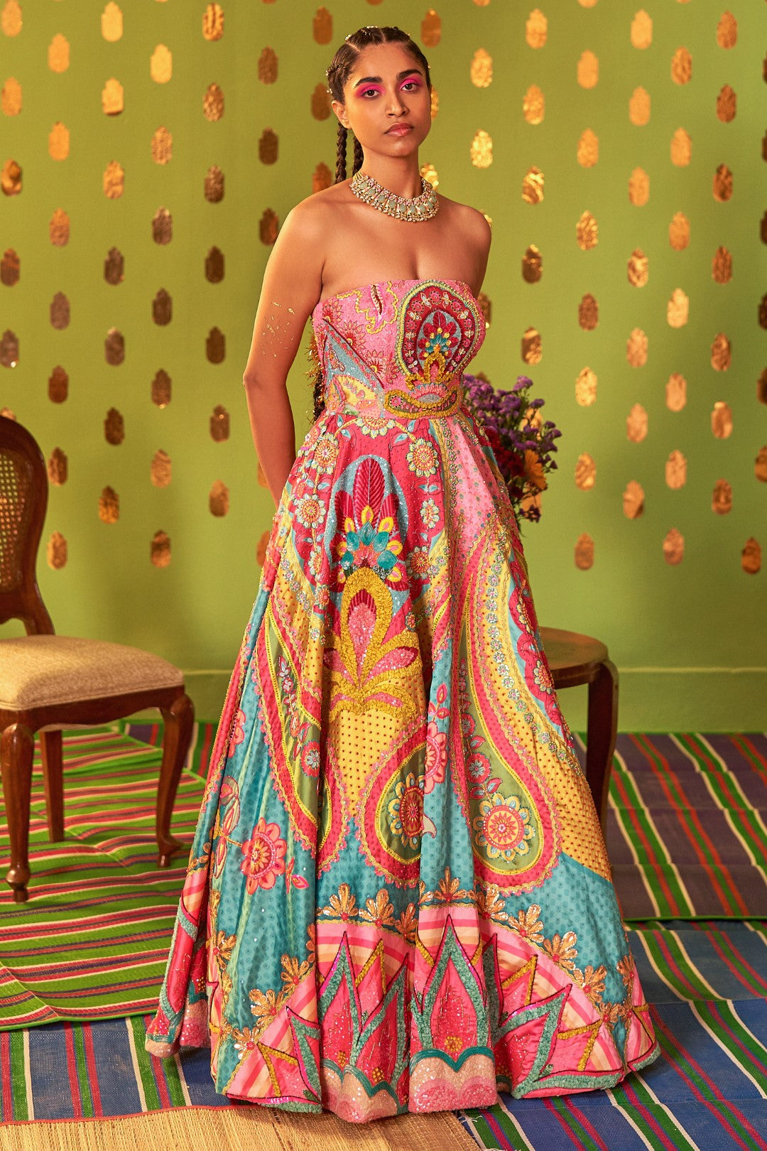 Mastani Pink & Ocean Electric Green Embroidered Gown-Siddhartha Bansal