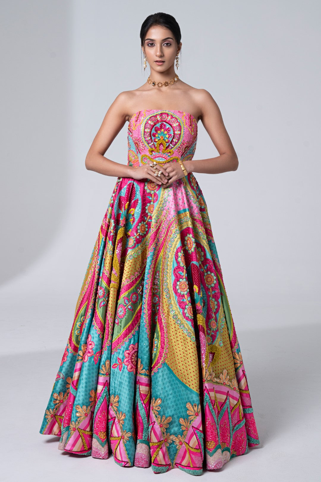 Mastani Pink &amp; Ocean Electric Green Embroidered Gown-Siddhartha Bansal