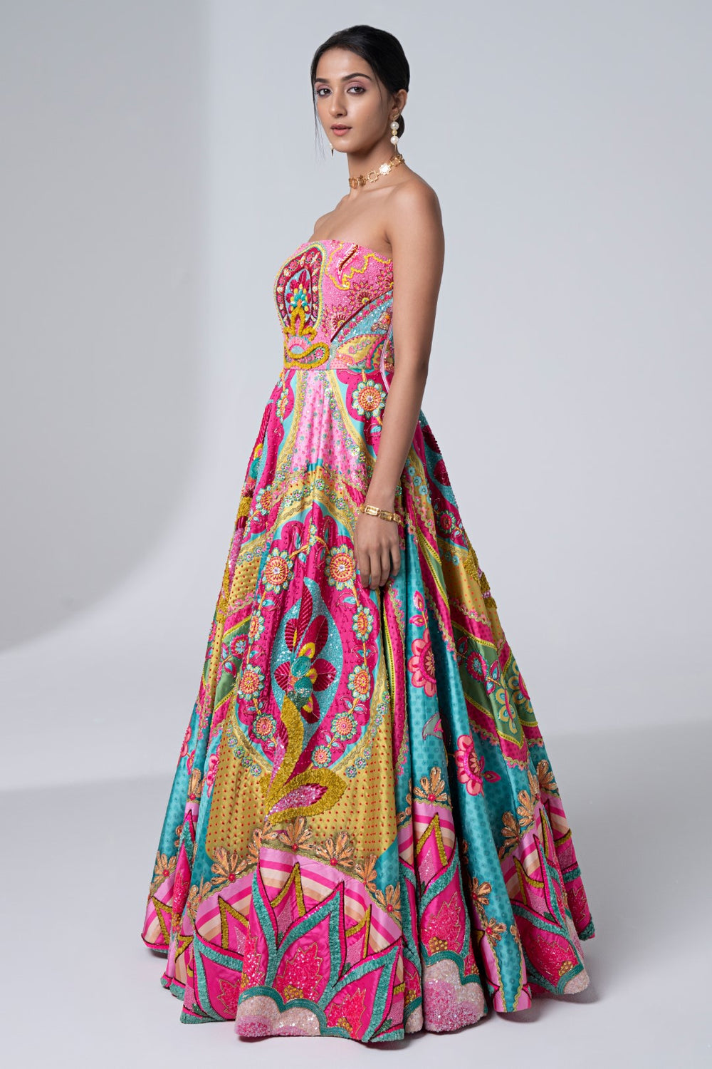 Mastani Pink & Ocean Electric Green Embroidered Gown-Siddhartha Bansal