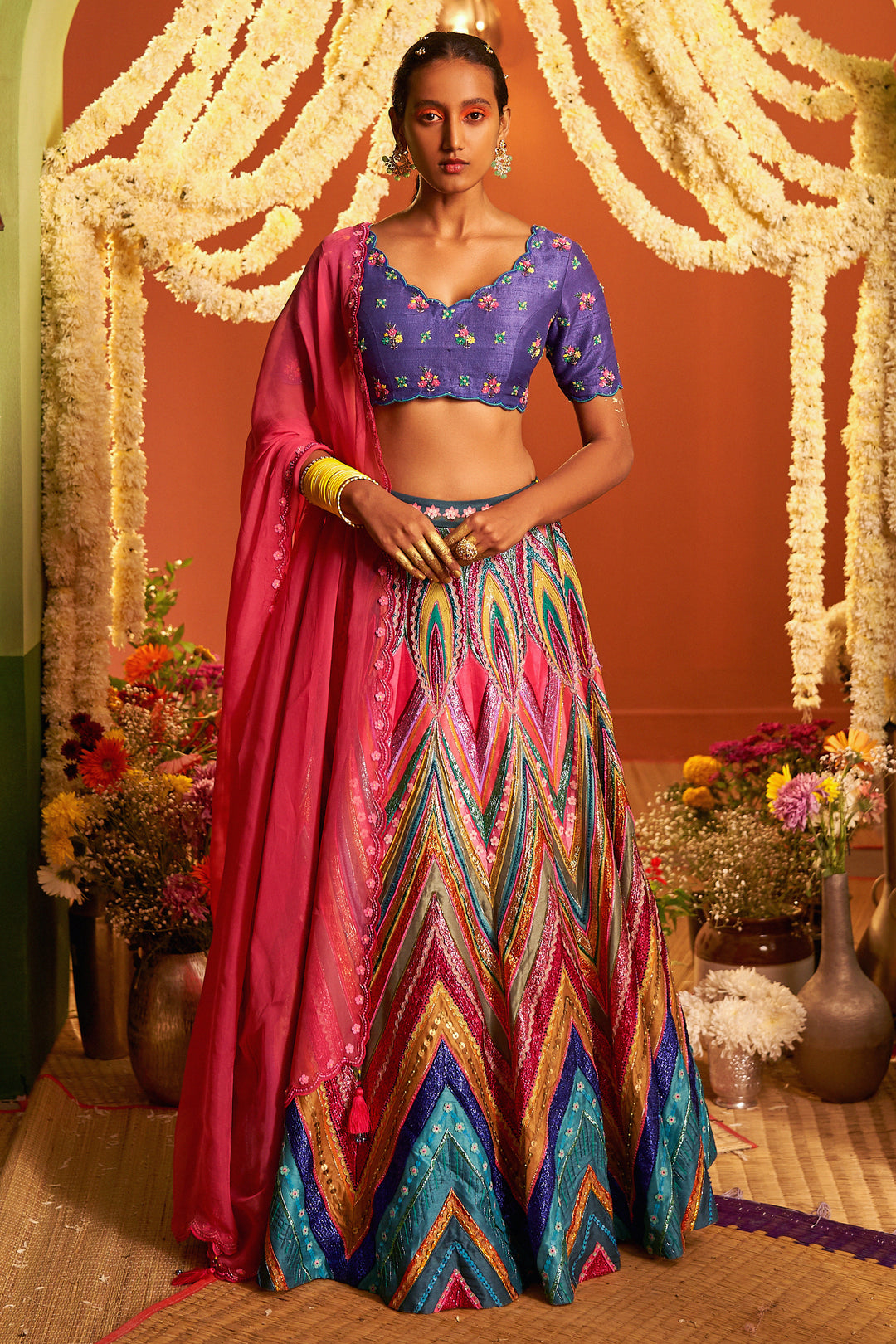 Sb Signature Blue Chevron Embroidered Lehenga Set-Siddhartha Bansal