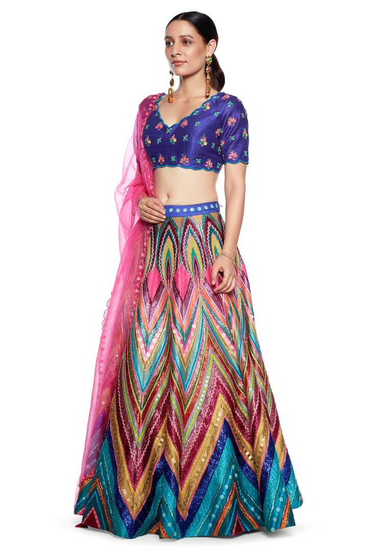 Sb Signature Blue Chevron Embroidered Lehenga Set-Siddhartha Bansal