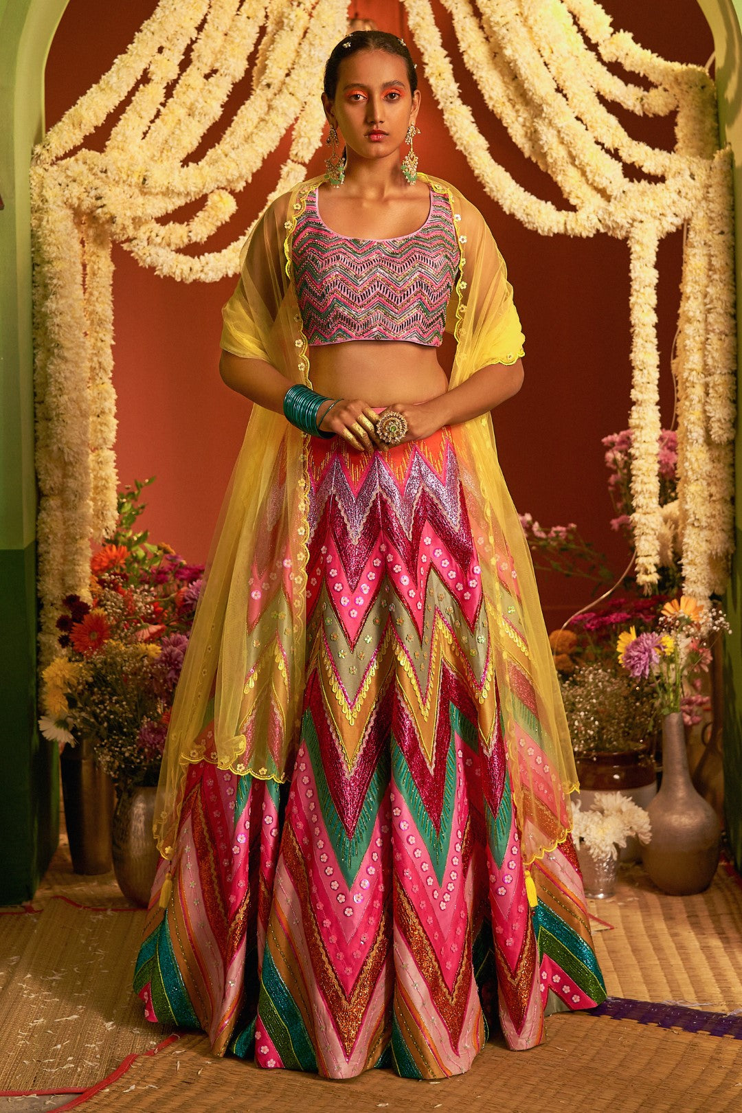 Sb Signature Pink Chevron Embroidered Lehenga Set-Siddhartha Bansal