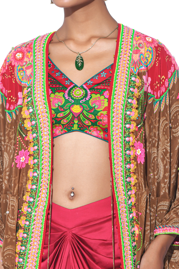 Earthy Brown Hand Embroidered Shrug Set-Siddhartha Bansal