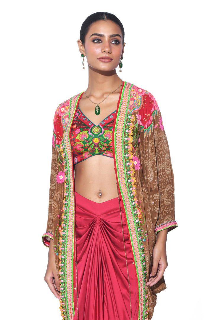 Earthy Brown Hand Embroidered Shrug Set-Siddhartha Bansal