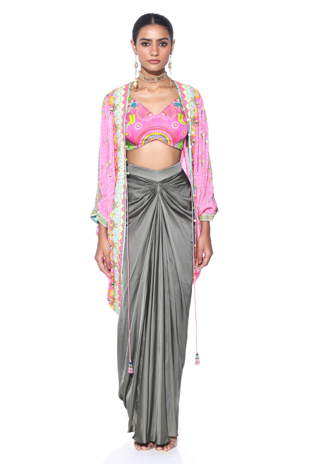 Garden Pink Hand Embroidered Shrug Set-Siddhartha Bansal